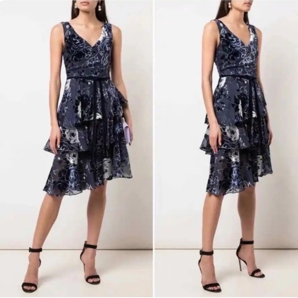Marchesa Dresses & Skirts - Marchesa Notte Sleeveless Velvet Burnout Chiffon Dress with Tiered Skirt Size 2